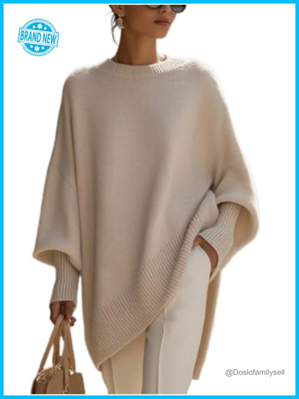 Oversized Batwing Sleeve Knit Pullover Sweater Crewneck Tunic